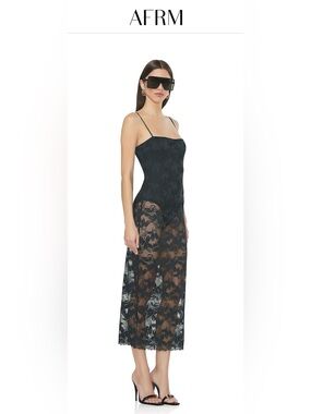 NWT AFRM Black Lace Maxi Slip Dress with Sheer Floral Panels Sz.XL